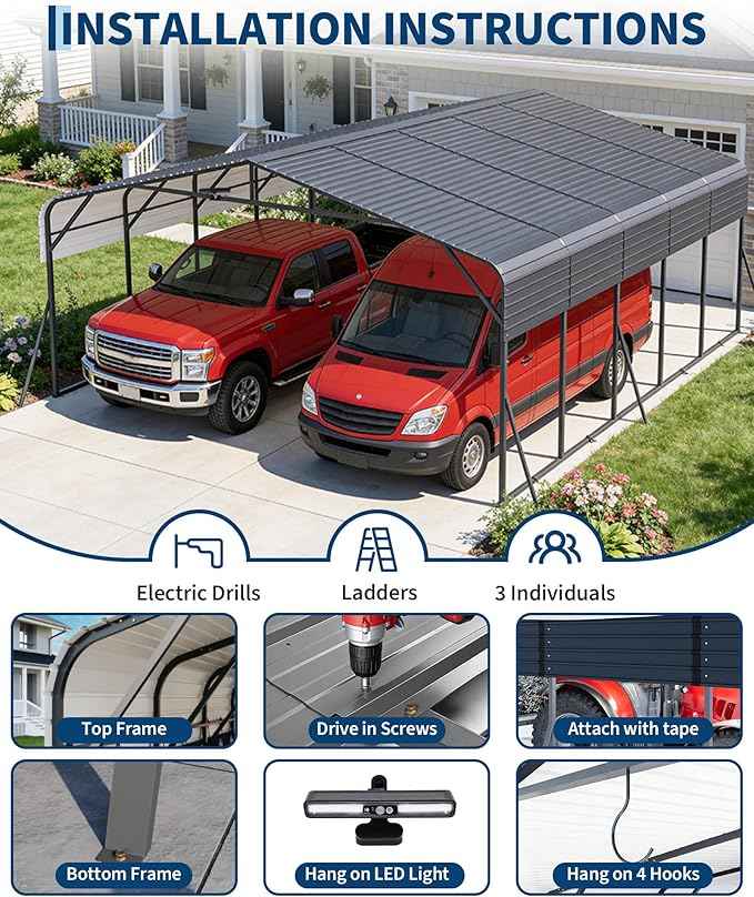 20x25FT Heavy Duty Metal Carport,Outdoor Portable Car Garage w/Led Light,Removable PE SideReinforced Base & Galvanized Steel Roof, Outdoor Car Port Canopy Shelter for Boats, Full-Sized Pickup Trucks