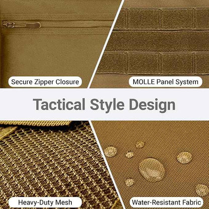 Tactical Car Seat Organizer with Multiple Pockets, MOLLE Panel System & Mesh Compartments, Durable Nylon Universal Vehicle Seat Back Storage with Cup Holder, Water-Resistant (Mud)