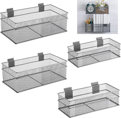 Barydat 4 Pcs Slatwall Basket Set Ventilated Metal Slatwall Basket Hanging Wire Bins Wall Mounted Accessories for Panel Garage Storage Display Organizing(Multi Size,Gray)