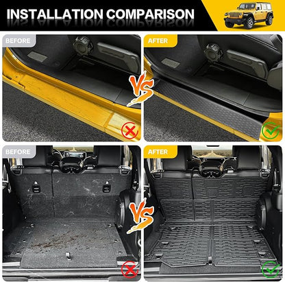 Cargo Mats with Door Sill Guards for 2018-2025 Jeep Wrangler JL Unlimited 4X4 Accessories All Weather Rear Seat Back Cover Trunk Liner Door Sill Protector for JL JLU Gas Type 4 Door(Not 4XE)