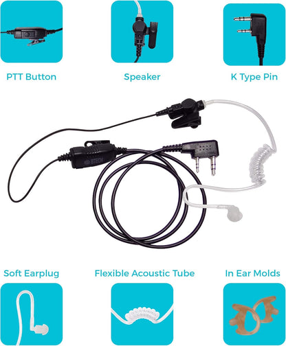 BTECH QHM07 Platinum Series Noise-Cancelling Earpiece with in-line PTT & Microphone for K1 Radios Like BaoFeng, Kenwood Radios (Includes Earmolds and Earbud, 1 Pack)