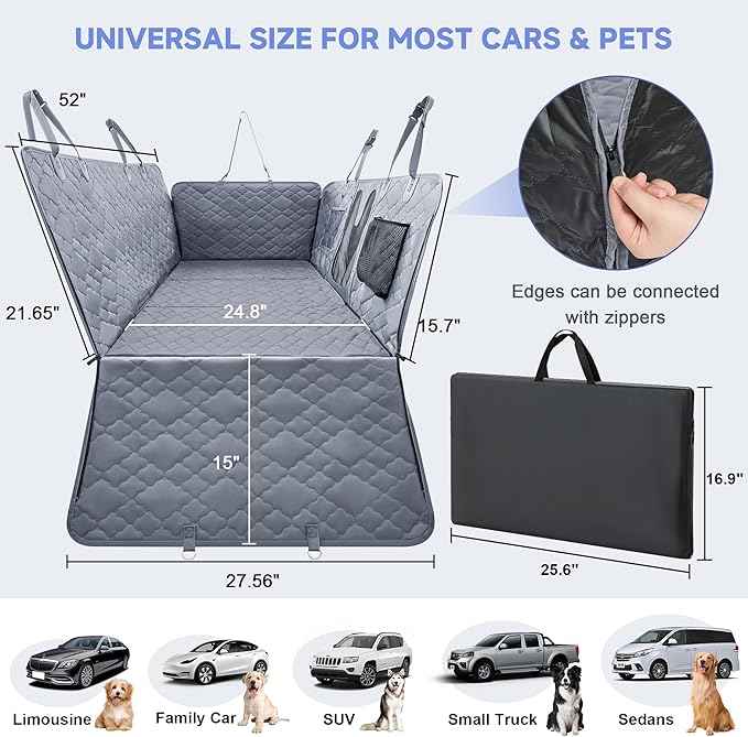 Dog Car Seat Cover for Back Seat - Extender With Hard Bottom Holds 400 lbs, Waterproof Protector With Mesh Window, Hammock for Car, SUV, Truck