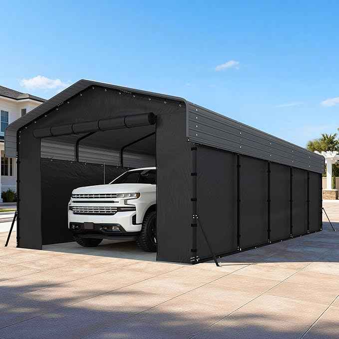 13x26FT Heavy Duty Metal Carport,Outdoor Garage with Removable Sidewalls & Doors, Heavy Duty Steel Frame and Galvanized Roof for Cars and Boats, Gray