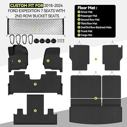 Tongama-Floor Mats for 2018-2024 Ford Expedition 7 Seats with 2nd Row Bucket Seats, All Weather TPE Trunk Mat and 2nd & 3rd Backrest Mats Protectors and Cargo Net for Ford Expedition Accessories