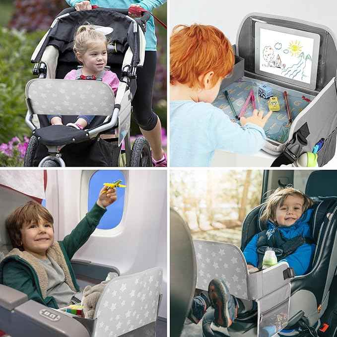 MENZOKE Kids Travel Tray for Boys or Girls, Travel Tray for Kids Car Seat with Tablet Holder, Dry Erase Board & Cooler Cup Holder, Road Trip Essentials Accessories for Car Trip, Airplane (2 Pack)