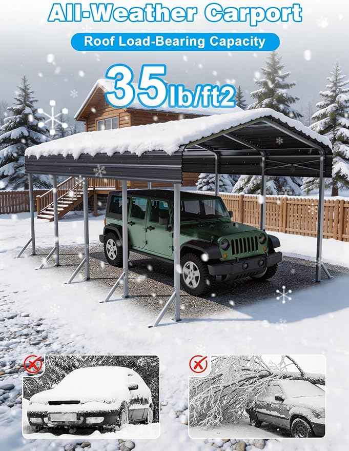 12x20Ft Heavy Duty Metal Carport – Outdoor Galvanized Garage, Sturdy Structure, All-Weather Protection, Easy Assembly for Cars, Trucks, Boats, Tractors, and Outdoor Storage (Grey, 12x20FT)