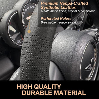 PINCTROT Nappa Leather Steering Wheel Cover, Slim Fit No Bulk Design, One Piece Leather with Breathable Perforation, Fit Like Gloves, Universal 14.5-15 Inch(Nappa Black)