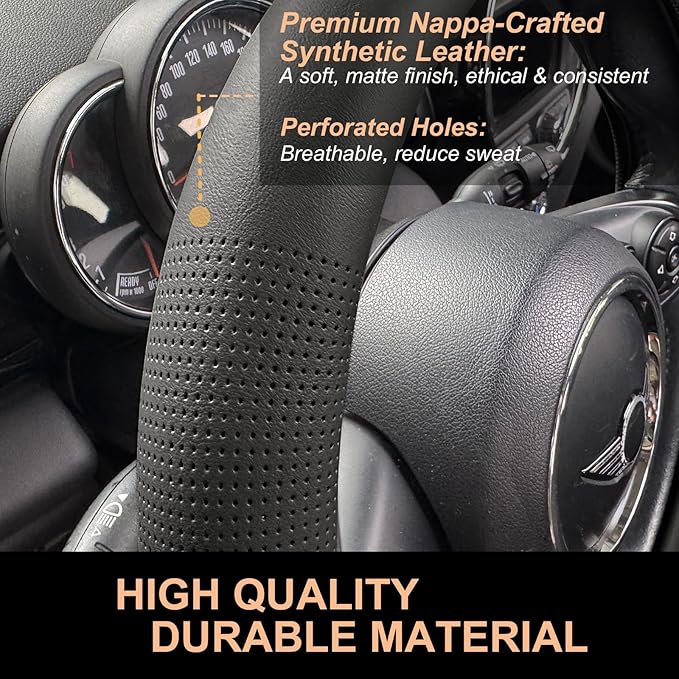 PINCTROT Large Size Nappa Leather Steering Wheel Cover, Slim Fit No Bulk Design, One Piece Leather with Breathable Perforation, Fit Like Gloves, 15.5-15.75 Inch(Nappa Black)