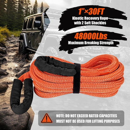 1" × 30ft Kinetic Recovery Tow Rope (48,000lbs), Heavy Duty Offroad Towing Straps Kit, Includes 2 Soft Shackles, Offroad Recovery Kit for UTV, ATV, Truck, Car, Jeep, Tractor (Orange)