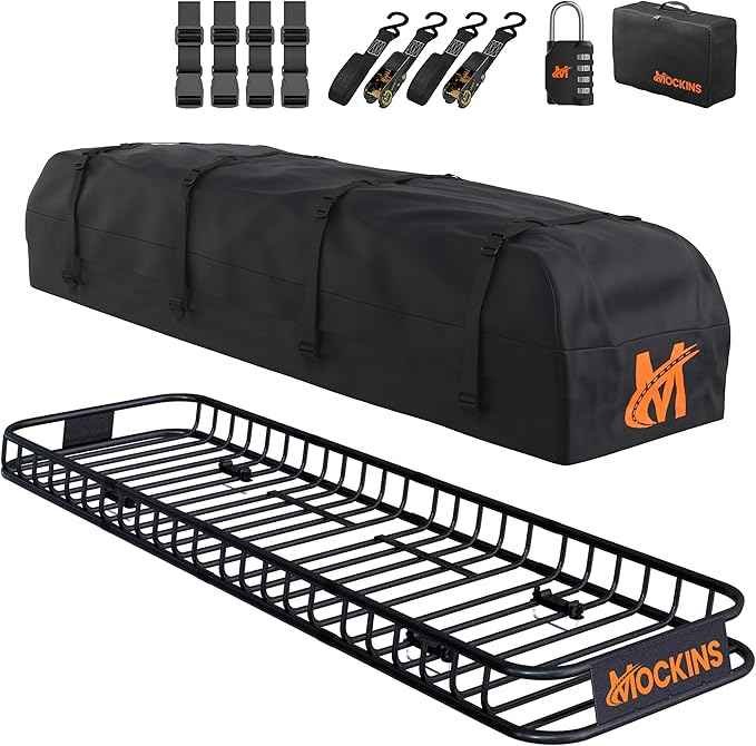 Mockins 85"x24"x4" Extendable Skinny Roof Rack Cargo Carrier w/ 20 CuFt Soft-Shell Rooftop Cargo Bag for Top of Car | 250 Lbs Cap Weatherproof Narrow Car Top Carrier Set w/Straps, Lock, & Carry Case