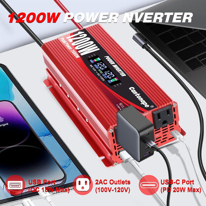 1200W/2400W(Peak) Car Power Inverter DC 12V to 110V/120V AC Converter with LCD Display Dual AC Outlets 3.0A USB and Type-C 12 Volt Inverter for Car Home Laptop Truck