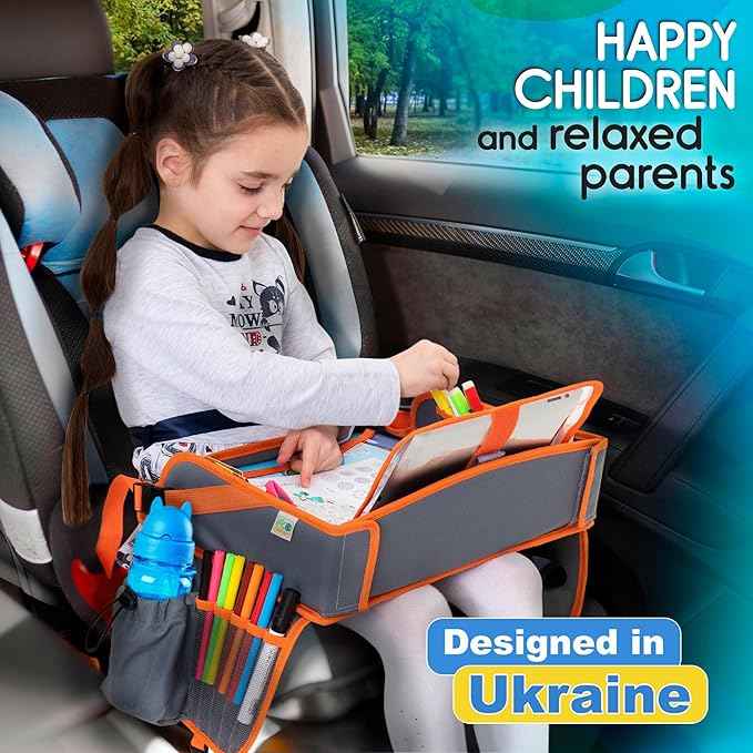ECOFANTASY Kids Travel Tray - Waterproof Car Table with No-Drop Large Tablet Holder - Car Seat Tray - Road Trip Must Haves - Kids Lap Desk Organizer for Airplane - Toddler Travel Essentials (Orange)