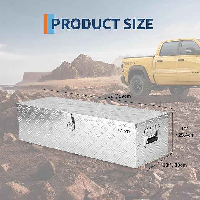 Garvee 39 Inch Aluminum Truck Bed Tool Box - Heavy Duty Diamond Plate Tool Chest with Lock and Keys | Storage Organizer for Pickup Trucks, RV, Trailers | Side Handles, 39 x 13 x 10 Inches, Silver