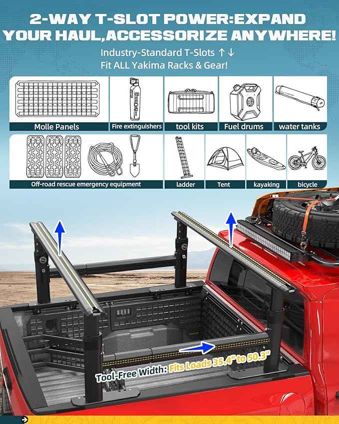 Ladder Rack for Truck with Side Bars, 800 LBS Capacity Truck Bed Rack, 19"-25" Height-Adjustable Aluminum Truck Ladder Racks, Fit for Medium-Size Pickup Toyota Tacoma Jeep Gladiator