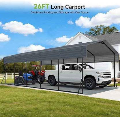 Heavy Duty Metal Carport, 13x26FT Carport Canopy with Galvanized Steel Roof and Reinforced Frame, 2 Support Rods, Outdoor Garage Car Shelter Shade for Cars, Boats and Truck, Party, Gray