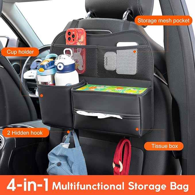 Leather Car Seat Back Organizer with Tissue Holder, Water Bottle Holder, Phone Holder for Road Trips. (Black)