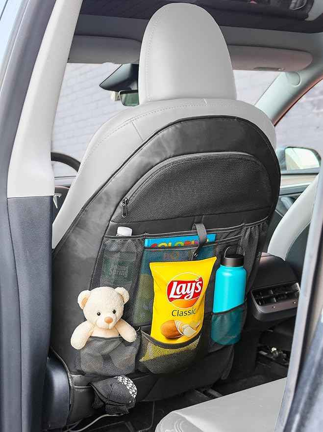 Seat Back Protector Organizer for Tesla Model-3 and Model-Y (Rear Passenger) Fitted Organization with Zippered Storage Pockets (Black)