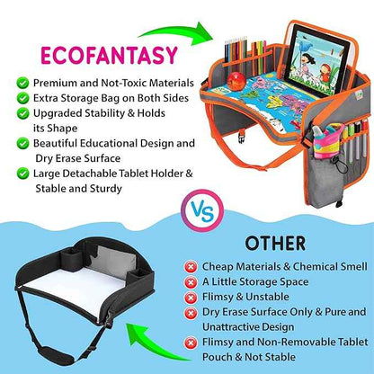 ECOFANTASY Kids Travel Tray - Waterproof Car Table with No-Drop Large Tablet Holder - Car Seat Tray - Road Trip Must Haves - Kids Lap Desk Organizer for Airplane - Toddler Travel Essentials (Orange)