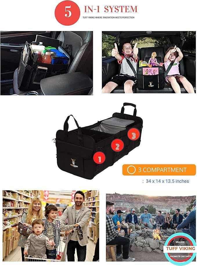 Tuff Viking Convertible Large 3 Compartment SUV Trunk Organizer with Cover | Truck Bed Organizer | for Trucks, Cars, SUVs and Groceries with Tie Down Straps. (5 in 1, Black)