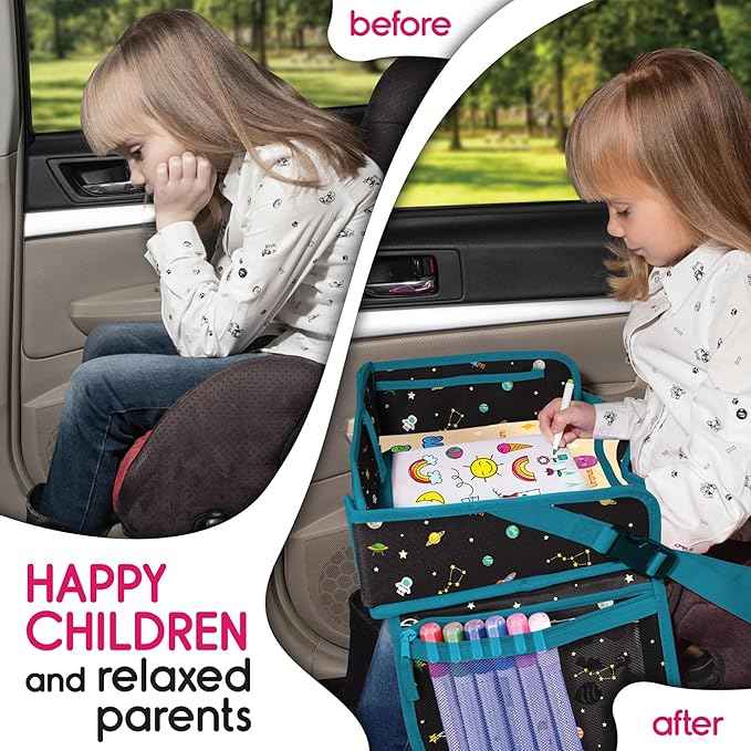 Car Seat Tray for Toddler - Waterproof Carseat Table Top - Kids Travel Tray - Travel and Road Trip Essentials Kids - Lap Desk with Storage -Baby Airplane Travel Accessories (Black)