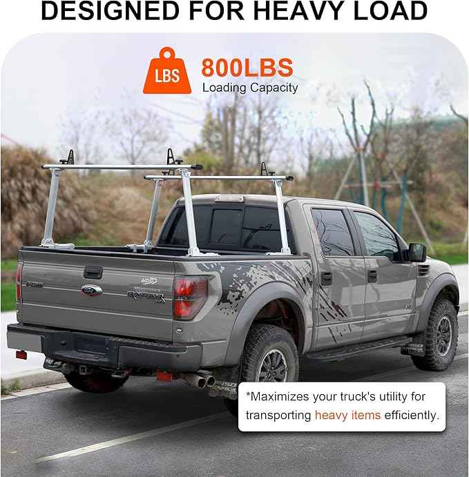 Rockland Adjustable Universal Aluminum Truck Ladder Rack, 800 LBS Capacity, 13.7" x 66.5" x 28", 45"-66" Adjustable Truck Bed Width, Extendable Truck Ladder Rack with Non Drilling C-Clamps