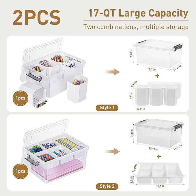 Citylife 17 QT Plastic Storage Box with Removable Tray and 6 Detachable Tall Inserts Craft Organizers and Storage Clear Storage Container for Organizing Crayon, Craft, Sewing, Playdoh, 2 Packs