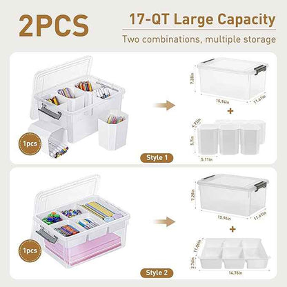 Citylife 17 QT Plastic Storage Box with Removable Tray and 6 Detachable Tall Inserts Craft Organizers and Storage Clear Storage Container for Organizing Crayon, Craft, Sewing, Playdoh, 2 Packs