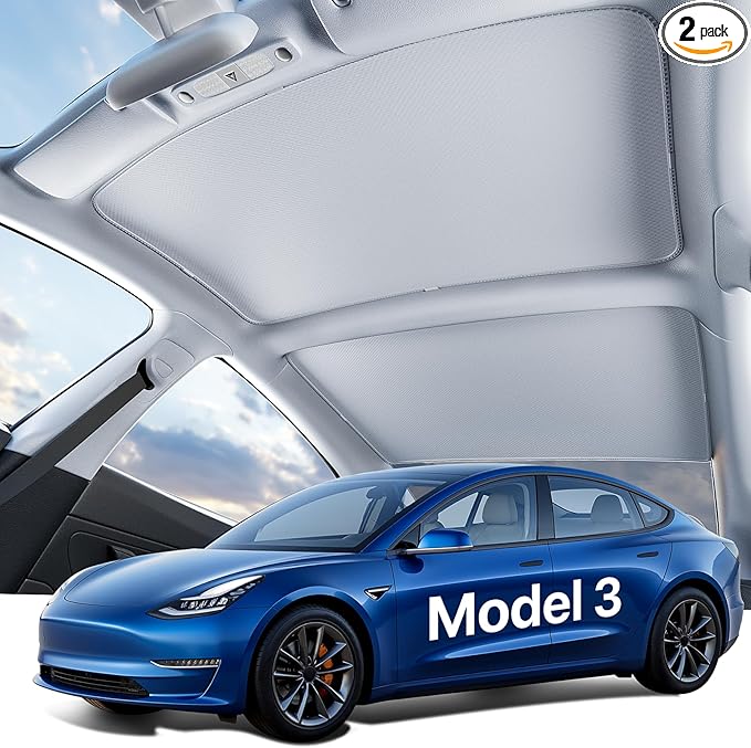 Tesla New Model 3 Highland Panoramic Roof Sunshade (2024–2026) Double-Layer Heat Block Sunroof Shade, Ice-Cooling Reflective Fabric, 99% UV Protection, Tesla Model 3 Highland Accessories