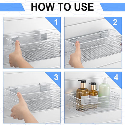 Barydat 4 Pcs Slatwall Basket Set Ventilated Metal Slatwall Basket Hanging Wire Bins Wall Mounted Accessories for Panel Garage Storage Display Organizing(Multi Size,White)