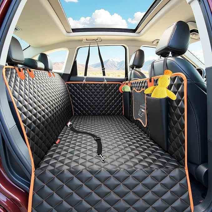 Back Seat Extender for Dogs, Dog Car Seat Cover with Hard Bottom Supports 500 lbs, Waterproof Car Seat Protector, Nonslip Dog Hammock for Back Seat, Pet Bed for Cars, SUVs & Small Trucks