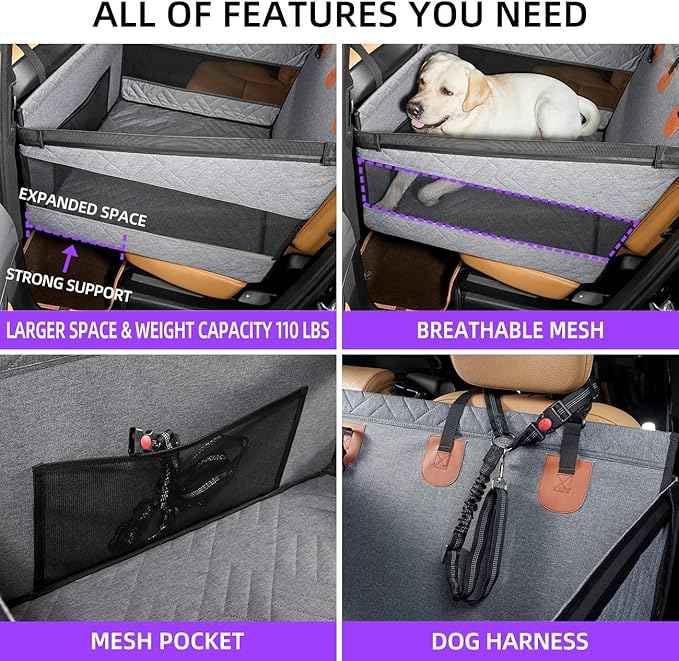 Large Dog Car Seat,Back Seat Extender for Dogs,Waterproof Medium Dog Seat Cover for Backseat, Pet Bed for Car Hammock(Grey-L)