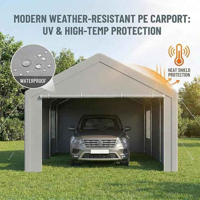 COBIZI 10x20 FT Heavy Duty Carport with Galvanized Frame, Carport Canopy with Roll-up Windows, Storage Tent with Removable Sidewalls & Doors, Built-in Sandbags for Car Boat Truck, Gray