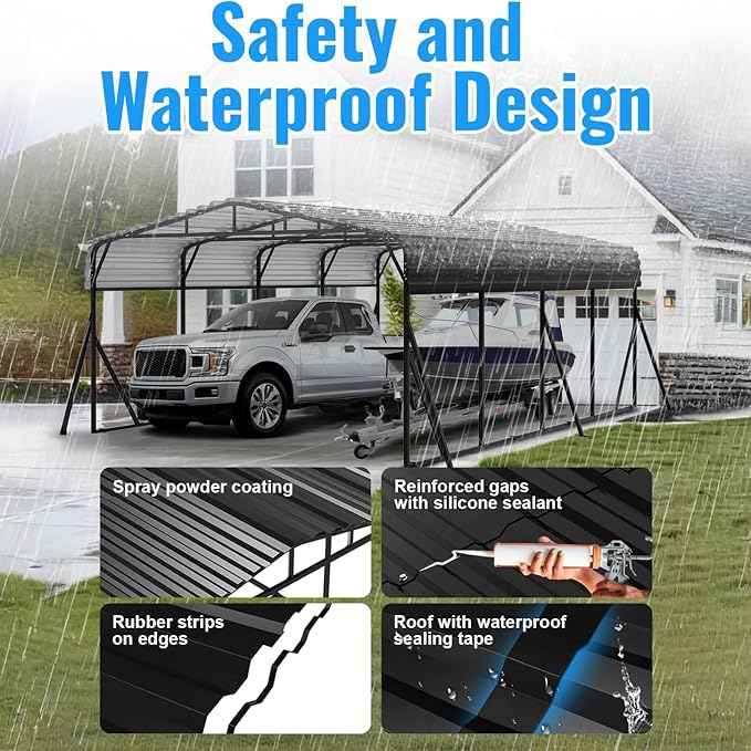 20X20FT Heavy Duty Carport, Metal Carport with Reinforced Frame & Side Support Poles for All-Weather, Large Outdoor Car Port Suitable for Parking Pickup, Boat, Car, and Tractor