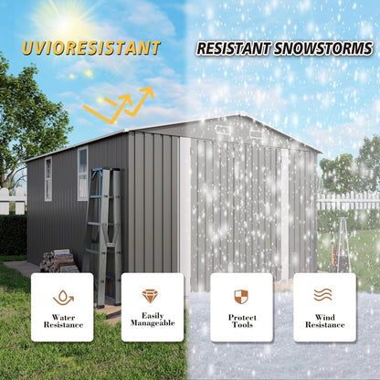 10x12x6.7FT Outdoor Storage Shed, Galvanized Steel Garden Shed with Lockable Door & Window, Waterproof Metal Tool Storage for Garden, Backyard, Patio, Lawn(Grey)