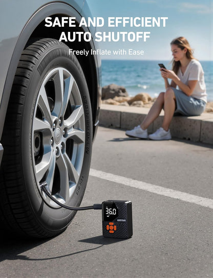 AstroAI L7 Mini Tire Inflator Portable Air Compressor,150 PSI Cordless Car Tires Air Pump with LED Lights&Pressure Gauge,Auto Shut-Off - Tire Pump for Auto,Motorcycle, Bicycle, Ball Orange