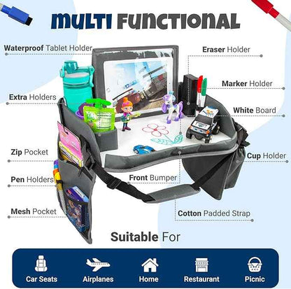Kids Travel Tray with Dry Erase Board - Car Seat Tray for Kids Travel, Carseat Table Top for Toddler, Lap Desk for Car Seat, Activity Organizer & Snack Holder, Road Trip Essentials for Kid (Gray)