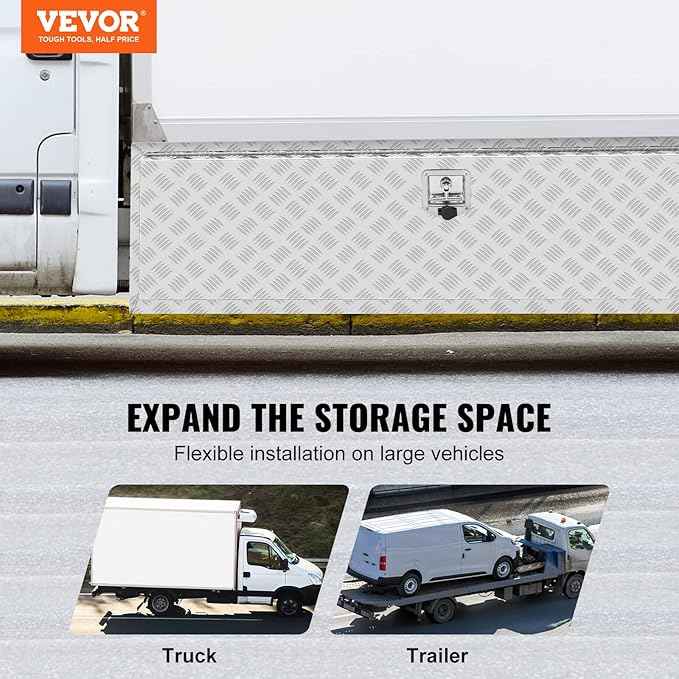 VEVOR Underbody Truck Box, 60"×24"×24" Pickup Storage Box, Heavy Duty Aluminum Diamond Plate Tool Box with Lock and Keys, Waterproof Trailer Storage Box with T-Handle Latch for Truck, Van, Trailer