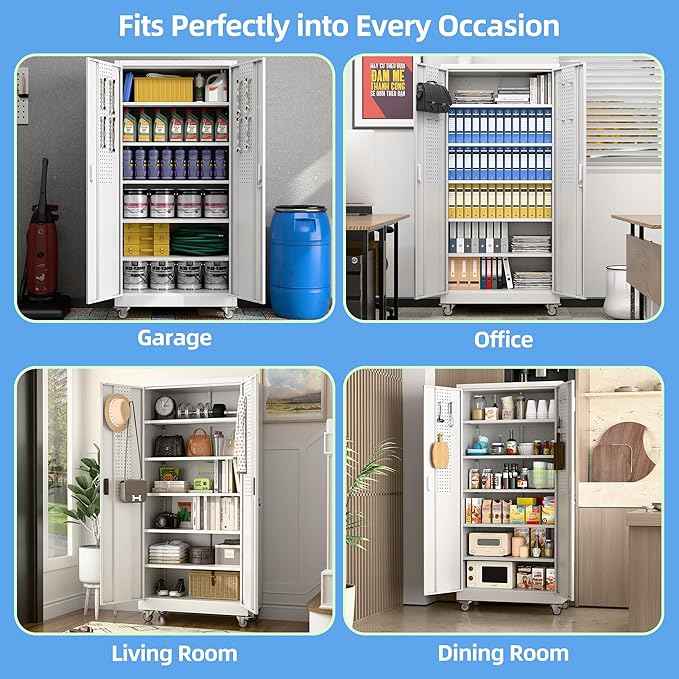 Aobabo Upgraded Garage Storage Cabinets with Wheels,Metal Storage Cabinets with 5 Adjustable Shelves for Garage Home Office Storage,White,71''H*34''W*18''D,Assembly Required