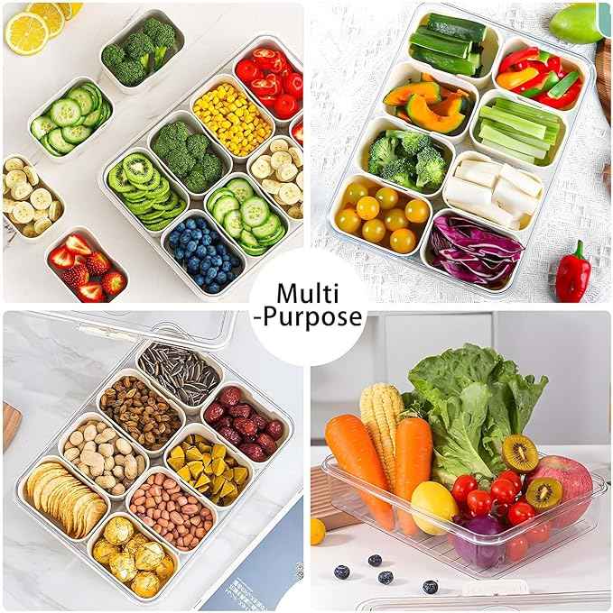 Snack Box Container with Insulated Cooler Bag, Divided Serving Tray with Lid and Handle Beach Essentials, Snackle Box Veggie Fruit Tray with 8 Compartments & 8 Forks & 2 Spoon