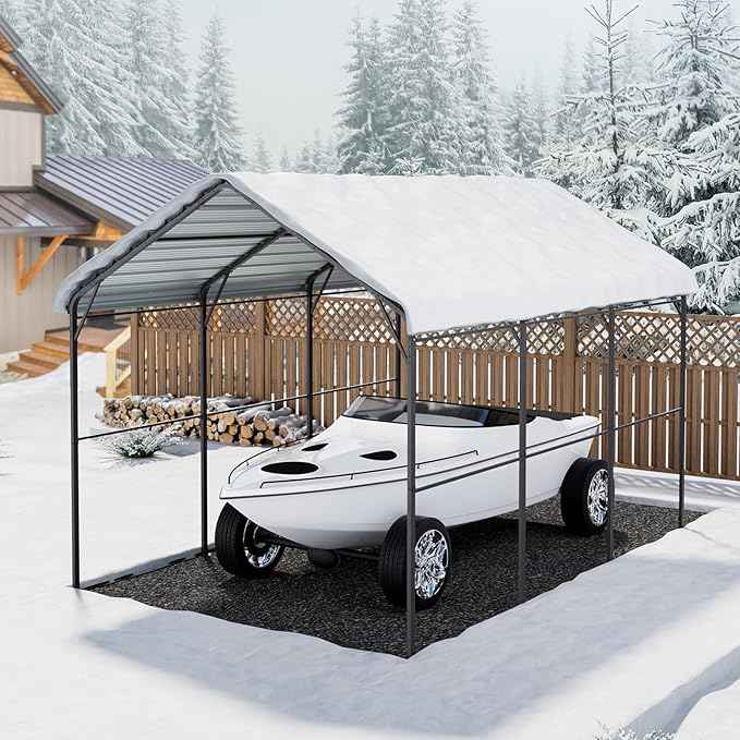 VEVOR Heavy Duty Metal Carport, 10' x 15' Outdoor Carport with Galvanized Steel Frame & Roof, Car Tent Garage Shade with Removable Sidewalls, Multi-Use Car Shelter for Pickup, Boat, Car & Tractors
