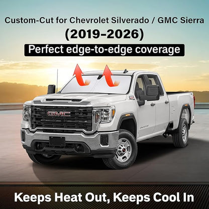 EcoNour Windshield Sun Shade Compatible for Chevrolet Silverado/GMC Sierra 2019–2026 | Full-Size Pickup Front Window Sunshade | Foldable Sun Visor Protector | Blocks UV Rays & Reduces Heat