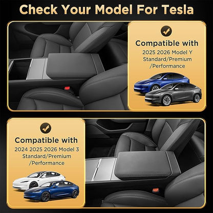 for Tesla Model Y Juniper(2025-2026) & Model 3(2024-2026) Leather Center Console Cover [Soft Touch & Match Seat Color] Armrest Cover for Tesla Model 3 & Model Y Juniper Accessories Black