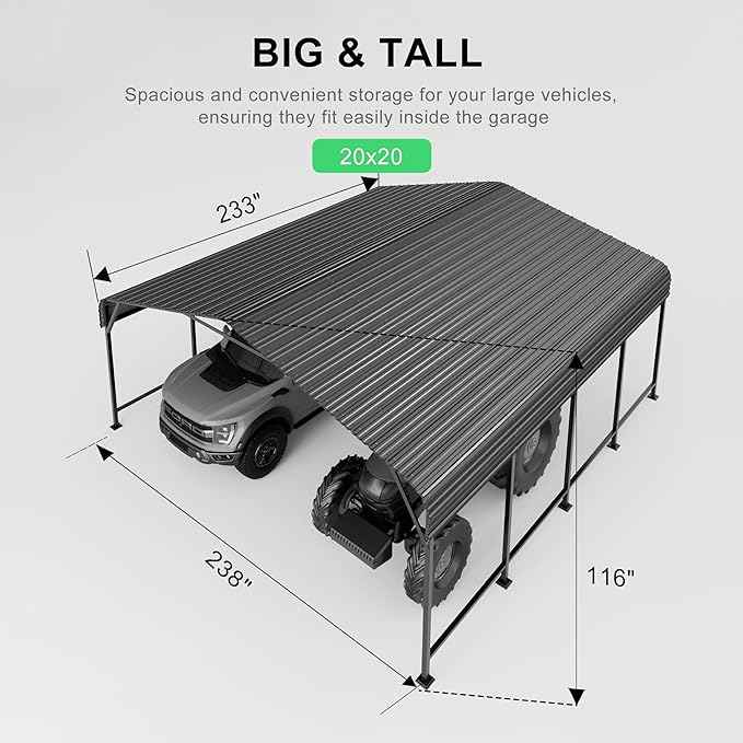 20x20 FT Heavy-Duty Metal Carport, Outdoor Galvanized Steel Shelter for Pickup Trucks, Motorcycles, Boats, Cars & Tractors