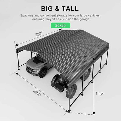 20x20 FT Heavy-Duty Metal Carport, Outdoor Galvanized Steel Shelter for Pickup Trucks, Motorcycles, Boats, Cars & Tractors