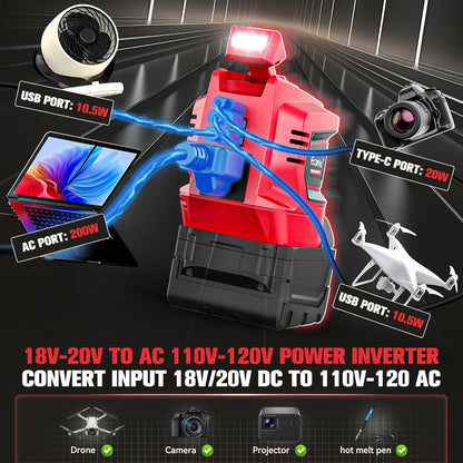 Power Inverter Compatible with Milwaukee 18V Battery,Ecarke 200W Portable Power Supply Phone Charger,DC 18V to AC 110V~120V Power Station with 2 USB&AC Battery Powered Outlet Inverter (2pc)