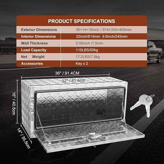 VEVOR Underbody Truck Box, 36"×14"×16" Pickup Storage Box, Heavy Duty Aluminum Diamond Plate Tool Box with Lock and Keys, Waterproof Trailer Storage Box with T-Handle Latch for Truck, Van, Trailer