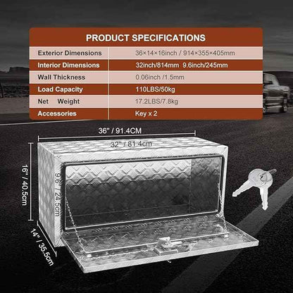 VEVOR Underbody Truck Box, 36"×14"×16" Pickup Storage Box, Heavy Duty Aluminum Diamond Plate Tool Box with Lock and Keys, Waterproof Trailer Storage Box with T-Handle Latch for Truck, Van, Trailer