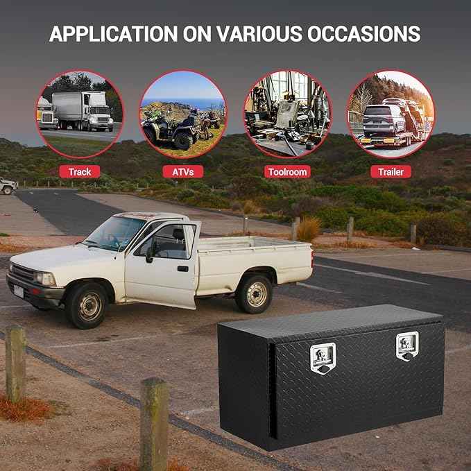 Underbody Truck Box,36 Inch Pickup Storage Box, Aluminum Diamond Plate Tool Boxes with Handle and Keys, Heavy Duty Waterproof Trailer Storage Box with T-Handle Latch for Truck, Van, Trailer, Black