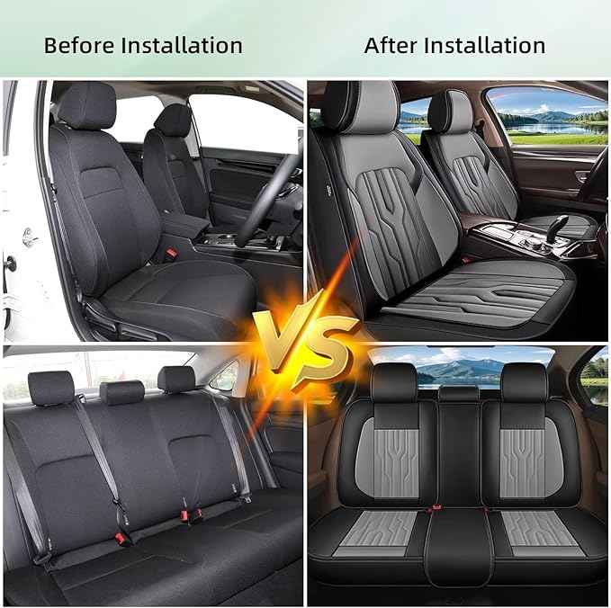 YORKNEIC Fit for Cadillac ATS Seat Covers Full Set 2013-2018: 5 Seats Waterproof Leather Car Seat Covers Protector (5 Full Seat, Black & Grey)
