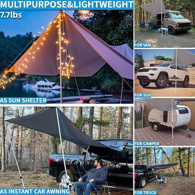 DANCHEL OUTDOOR Portable Suction Cups Car Awning Overland Camping, Needn't Roof Rack Mounting, Waterproof Vehicle Camper Awning Tarp for SUV Truck, 7.7lbs 6.5ftx9.8ft Gray